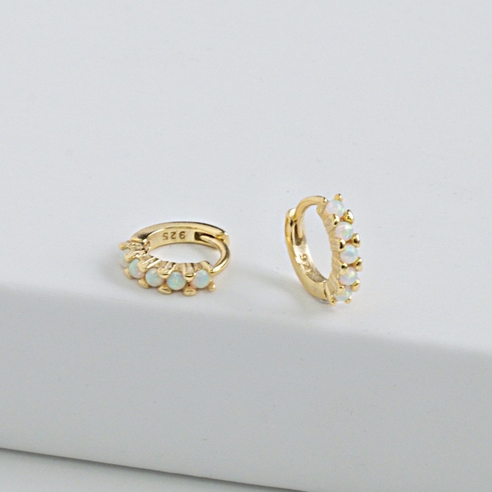 Dainty White Opal Huggie Earrings - Picture 5 of 6
